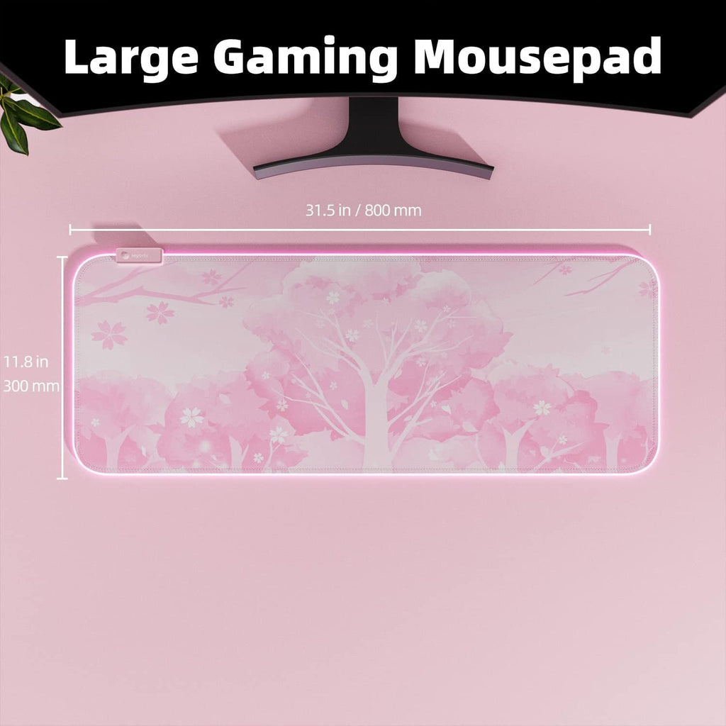 Alfombrilla de mouse para juegos LED RGB rosa, almohadilla brillante de 14 modos, alfombrilla de mouse extragrande para juegos, goma impermeable antideslizante, linda alfombrilla Sakura extendida para teclado grande y alfombrilla de mouse para jugadores