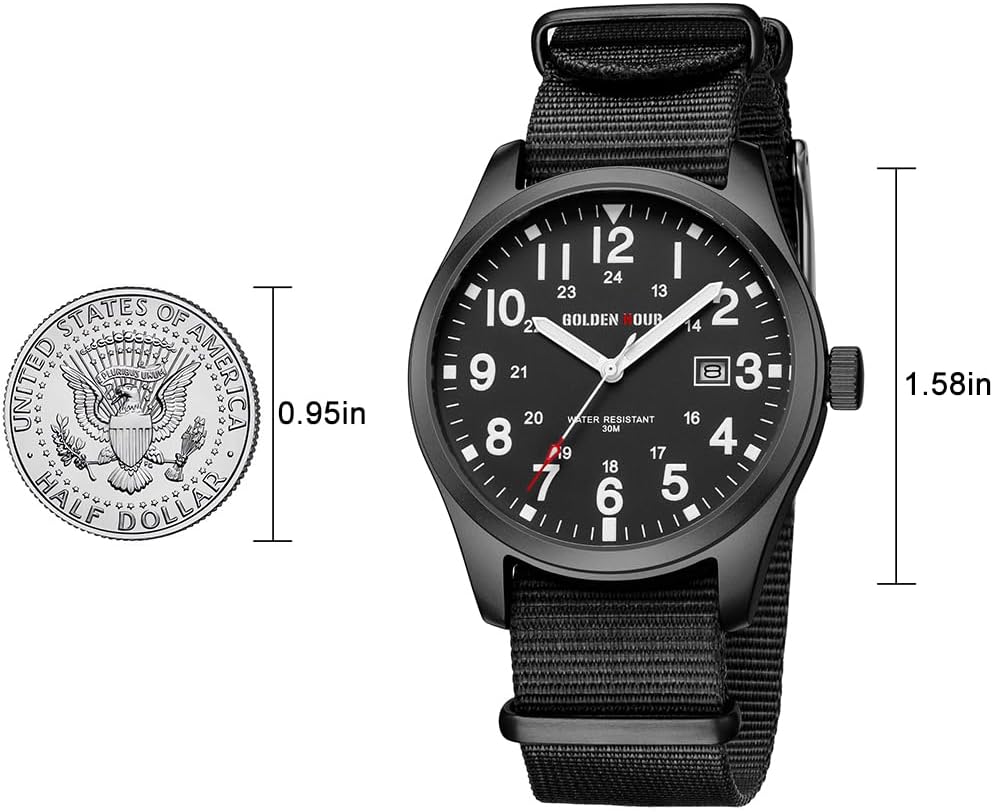 GOLDEN HOUR Reloj de hombre con correa de nailon antideslizante con esfera de hora militar de fácil lectura y manecillas luminosas