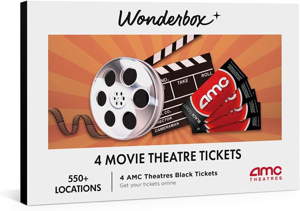 WONDERBOX – Paquete de entradas de cine AMC - 4 entradas negras - Idea de regalo original - Regalo experiencial - 550 ubicaciones en los EE. UU