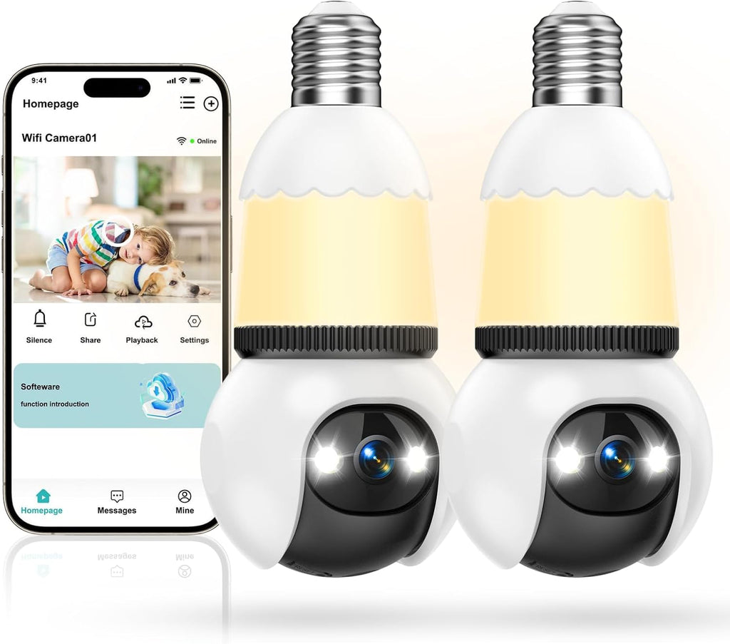 Lámpara Hawkray - Cámara de seguridad con bombilla de luz, paquete de 2, WiFi de doble banda de 2.4 GHz y 5 GHz, visión nocturna a todo color 2K, cámara inalámbrica de inclinación panorámica de 360° para