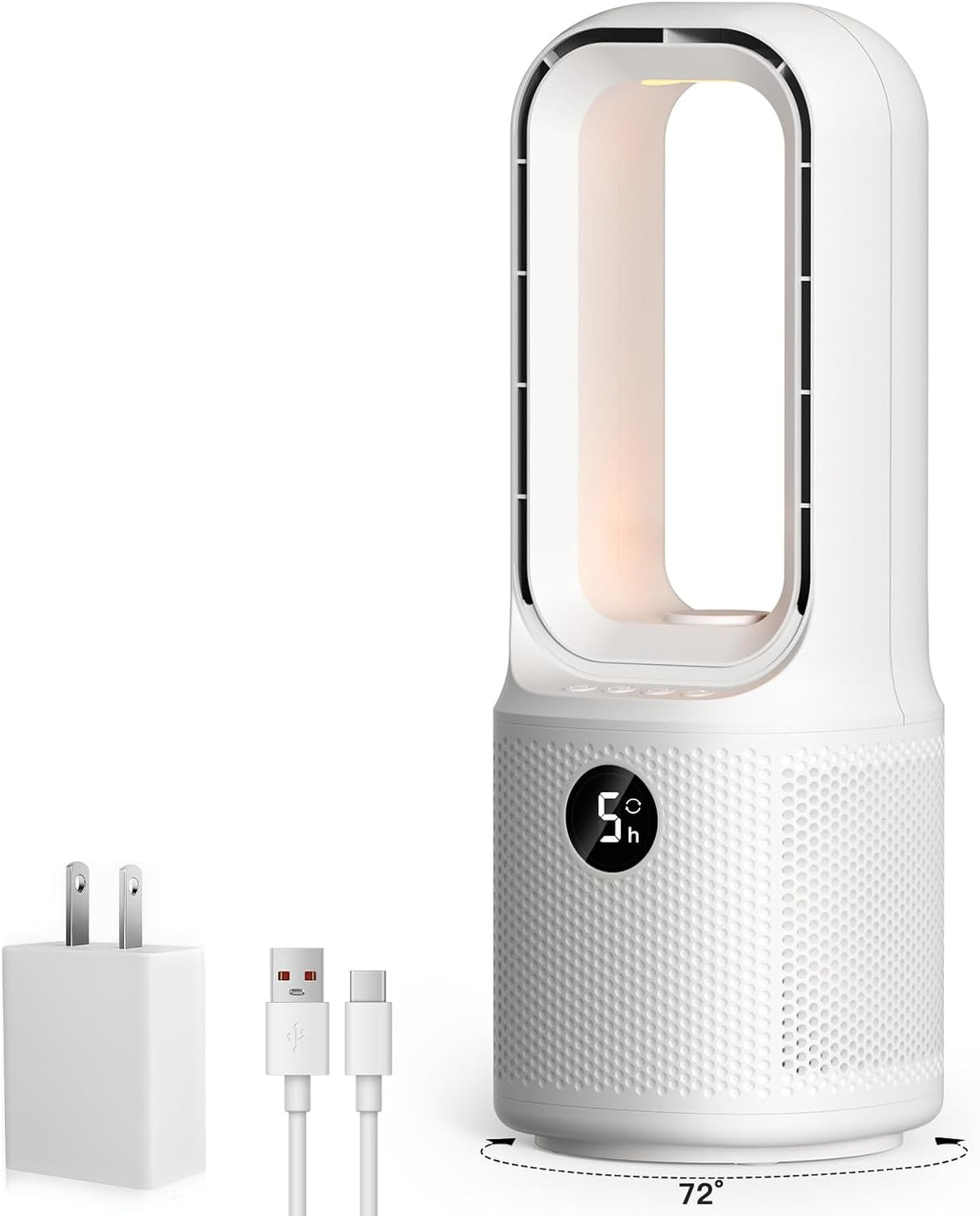 let'me Ventilador de escritorio sin aspas, pequeño y silencioso, ventilador de mesa de noche de 5 velocidades con luz nocturna de brillo de 3 niveles, oscilación de 72°, temporizador de 9 horas