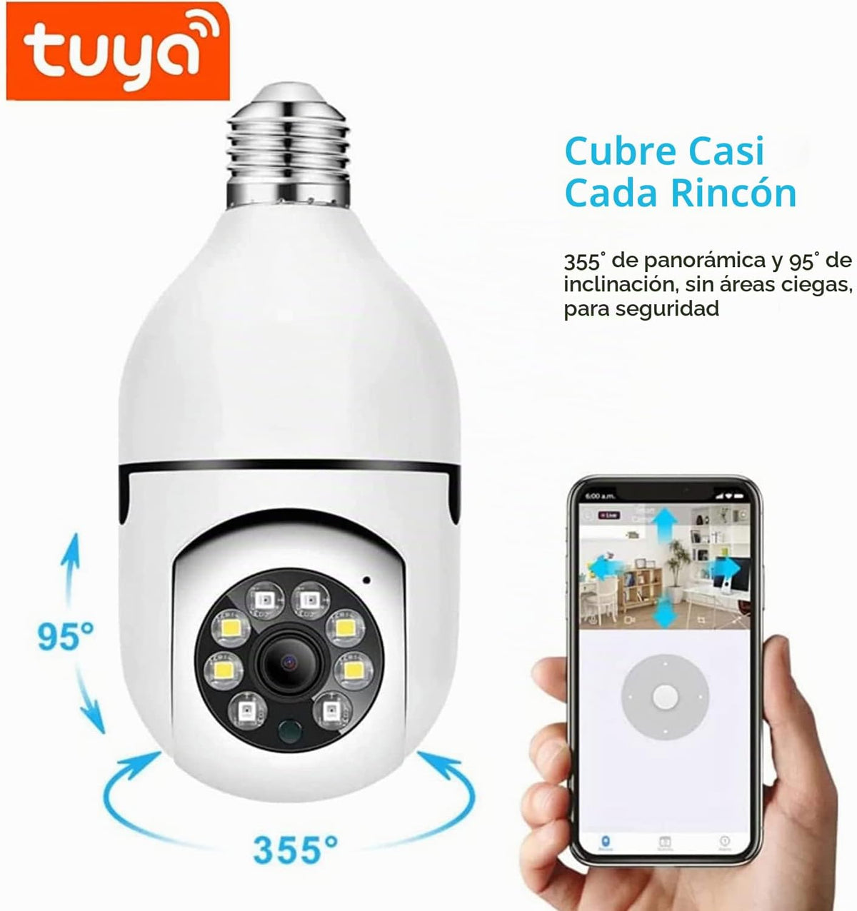 TUYA WiFi 1080P Cámara de vigilancia inteligente para el hogar con alarma de detección de movimiento, visión nocturna, visión nocturna, conversación bidireccional para interiores E27