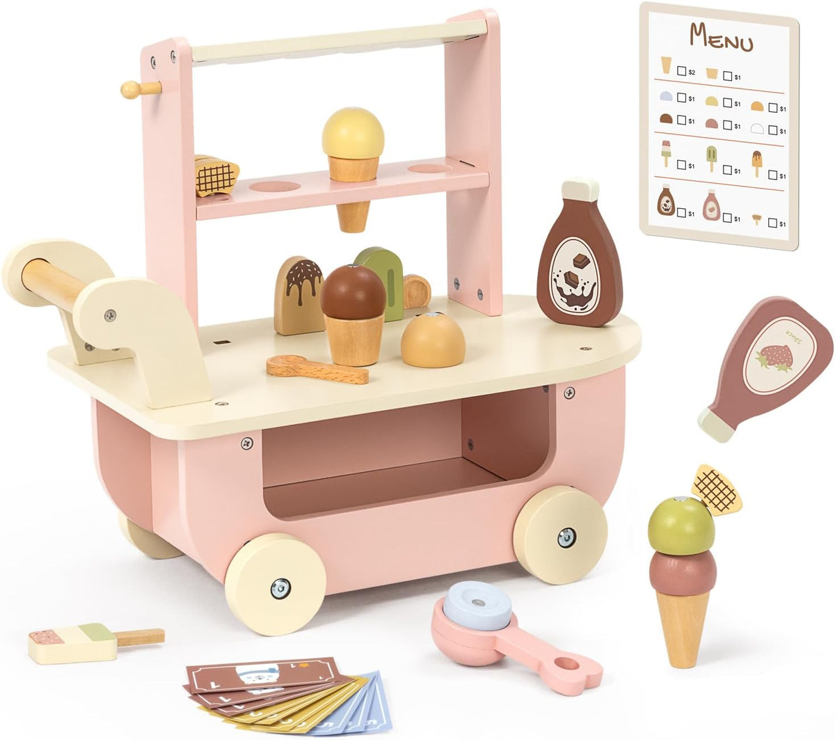 OOOK Carrito de helado de madera para niños con cuchara y ruedas