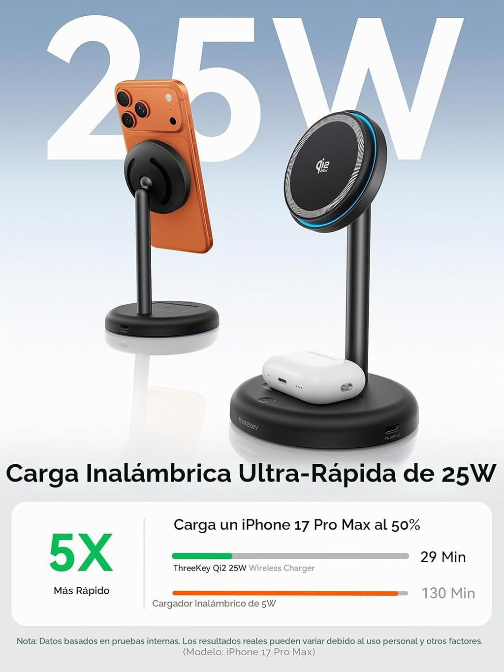 Soporte de cargador inalámbrico Qi2.2 de 25W con ventilador de