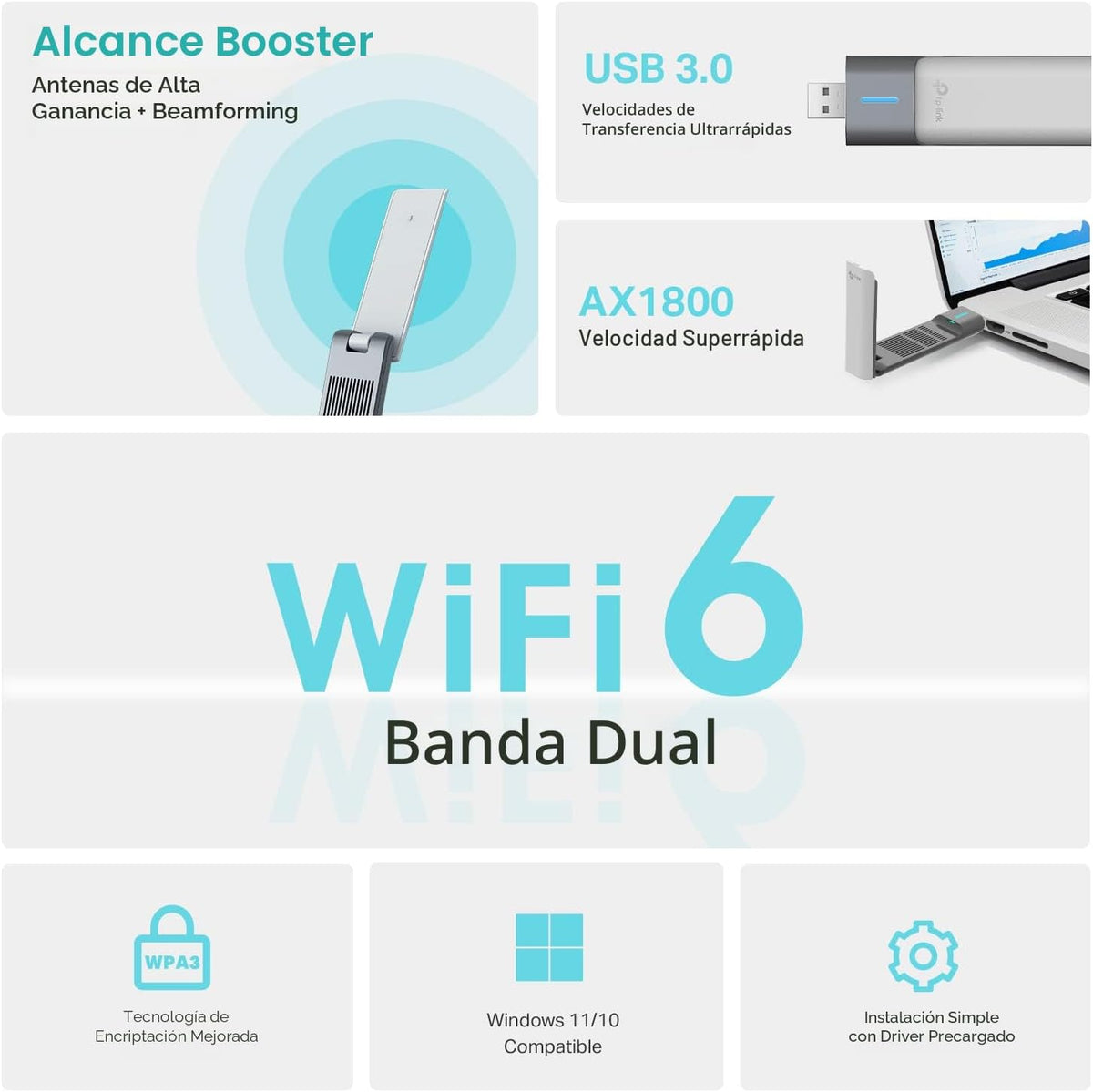TP-Link AX1800 WiFi 6 Adaptador USB para PC de escritorio (Archer TX21UH) Adaptador de red inalámbrico con 2.4GHz, 5GHz, MU-MIMO, OFDMA, antena de doble banda 5dBi de alta ganancia, WPA3, compatible