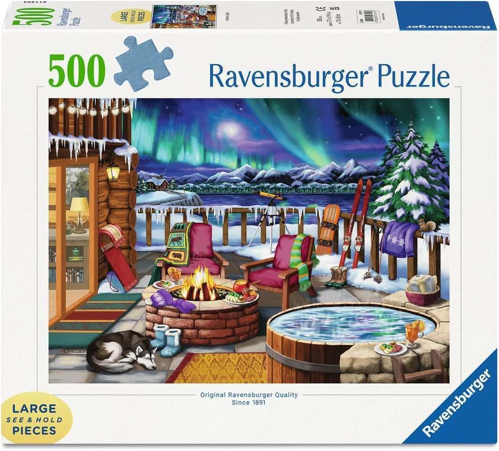 Ravensburger - Northern Lights - Rompecabezas de 500 piezas de gran formato - Impresionante, audaz y vívida imagen del fenómeno - Cabaña cálida junto a la chimenea - Calidad premium - Rompecabezas