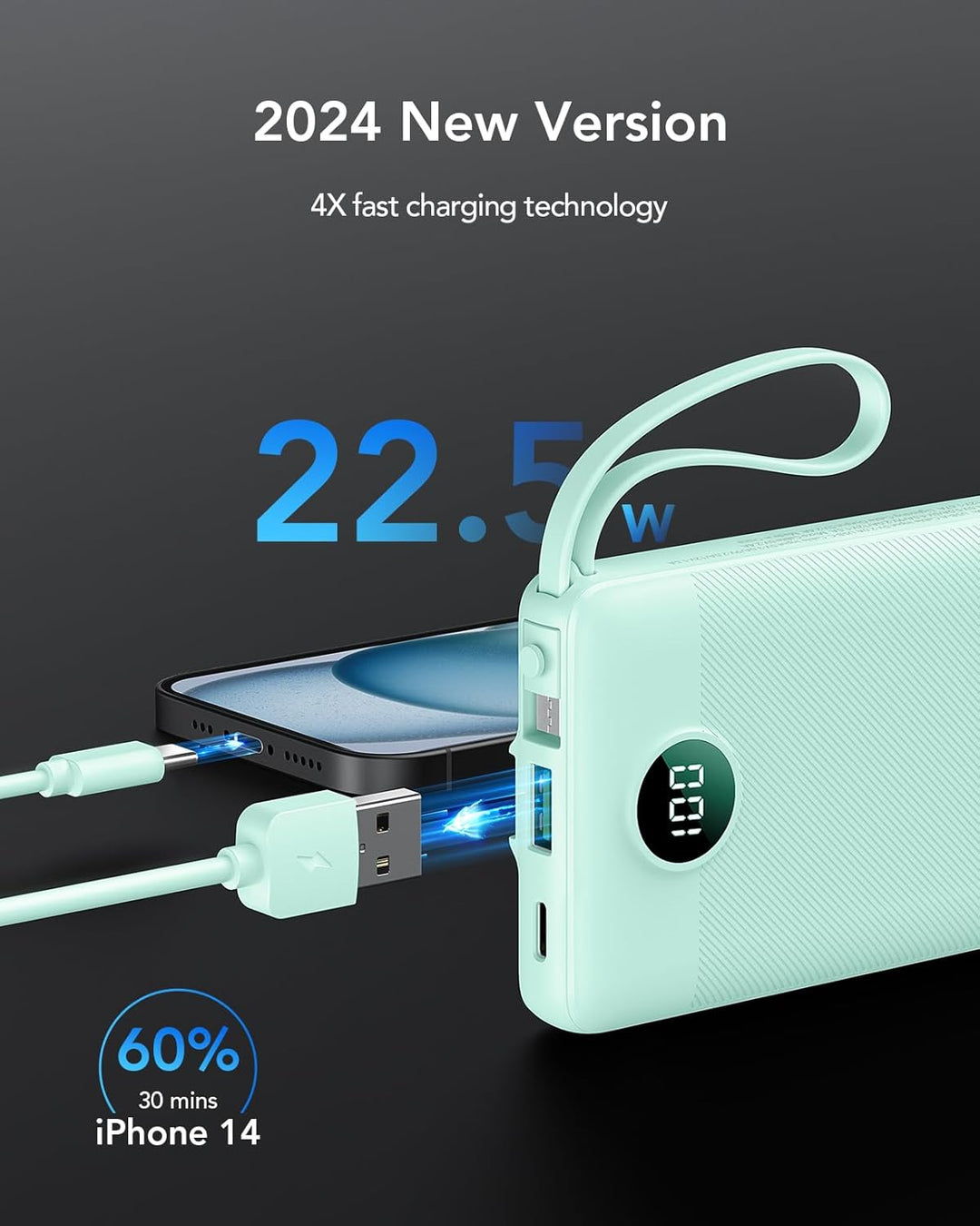 VRURC Cargador portátil con cables para iPhone, Banco de energía US...
