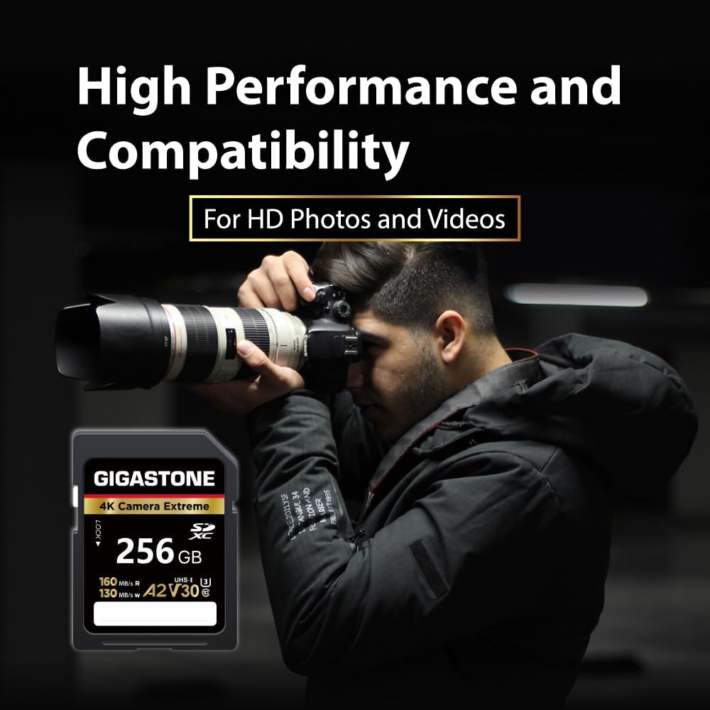 Recuperación de datos gratuita de 5 años: tarjeta SD GIGASTONE de 256 GB, cámara 4K extrema, tarjeta de memoria UHS-I A2 V30 U3 C10 SDXC de alta velocidad, velocidad de hasta 180 MB/s, compatible con