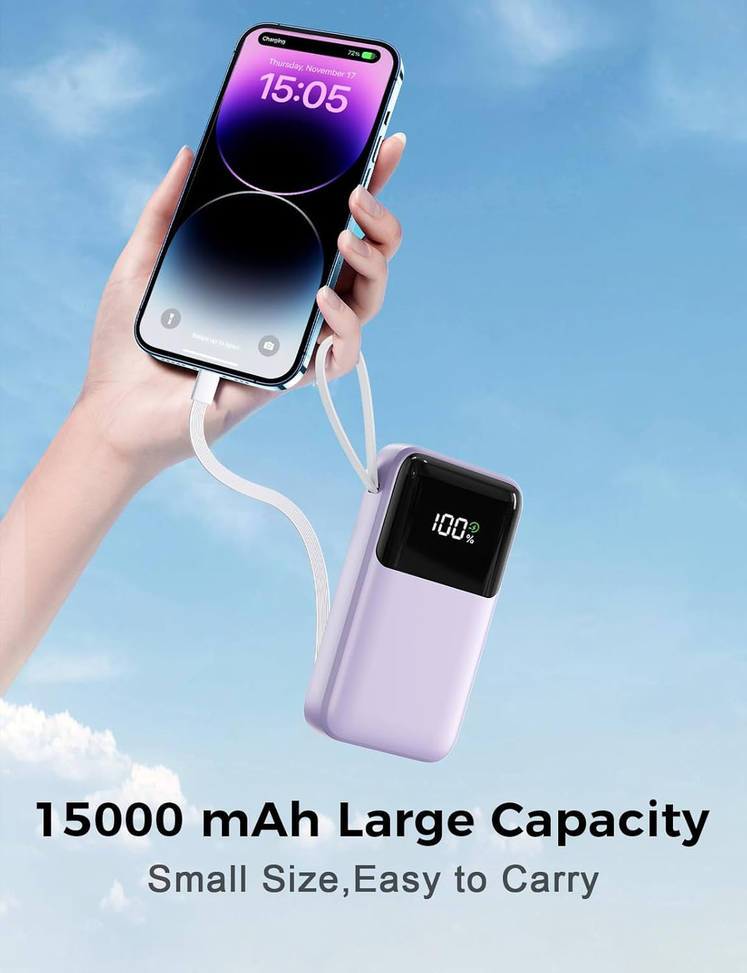 Cargador portátil de 15000 mAh con cable integrado, carga rápida de...
