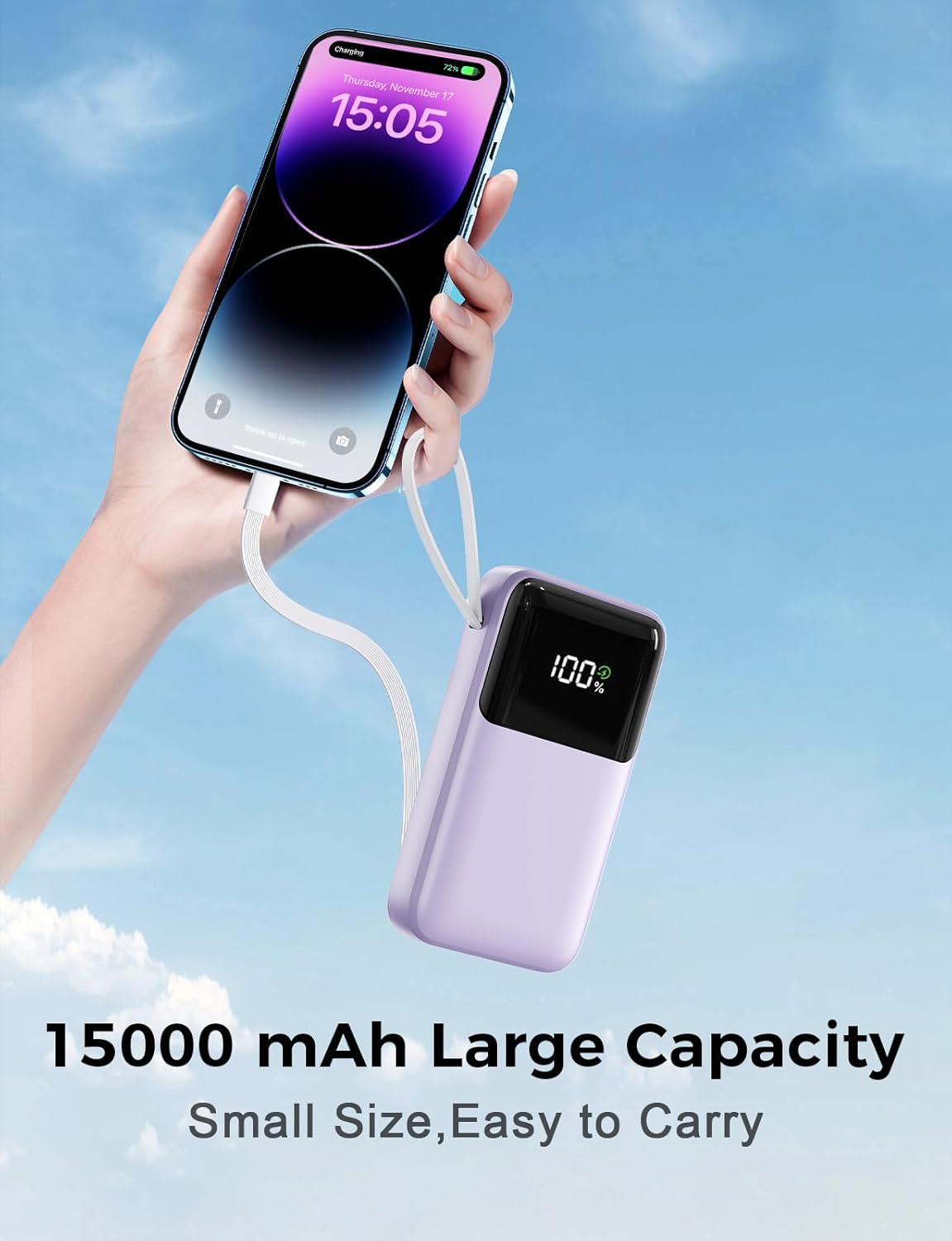 Cargador portátil de 15000 mAh con cable integrado, carga rápida de...