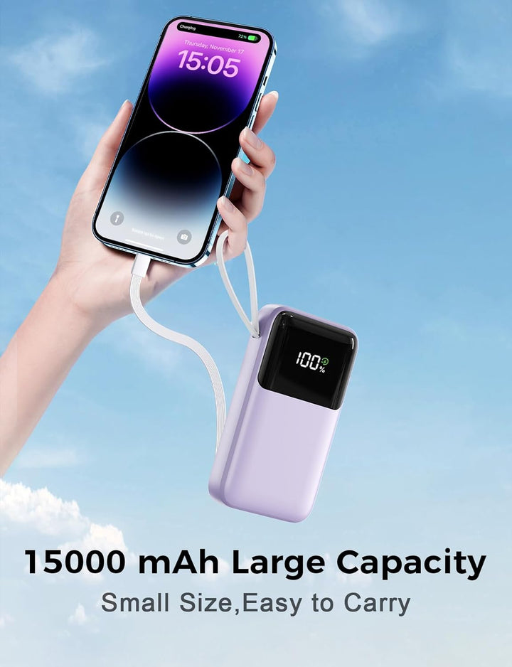 Cargador portátil de 15000 mAh con cable integrado, carga rápida de...