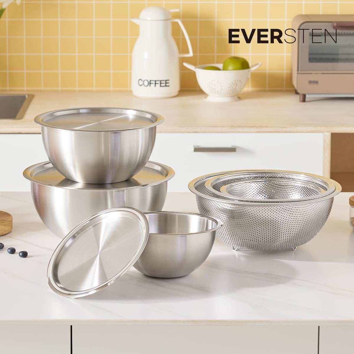 Recipientes de acero inoxidable para almacenamiento de alimentos con tapas, 3 tazones, 3 tapas, 3 coladores, electrodomésticos de cocina, aptos para lavavajillas, alta calidad, Corea del Sur