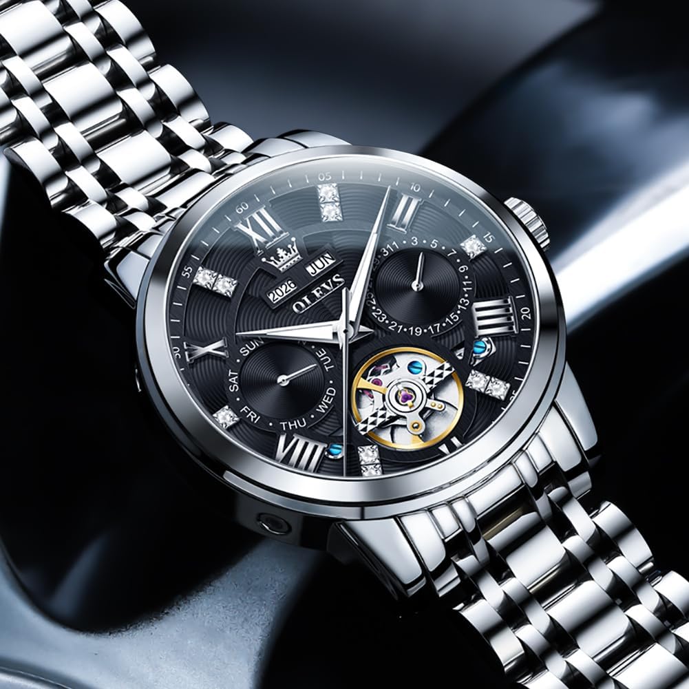 OLEVS Reloj automático para hombre de lujo en acero inoxidable con esqueleto y diamantes