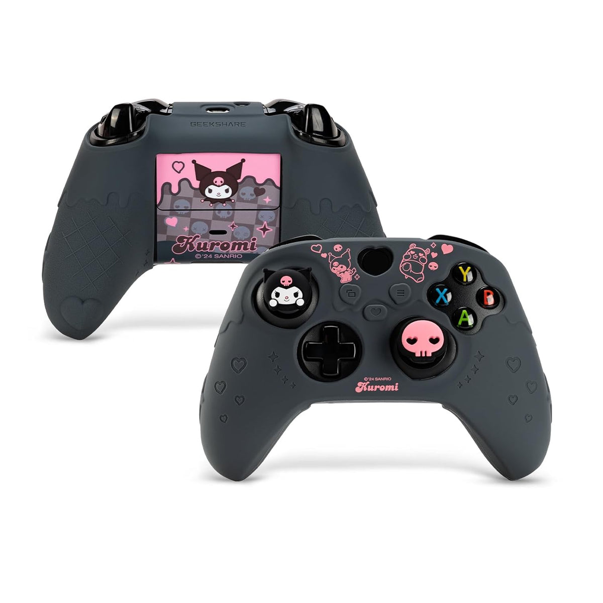 Kuitmor Funda protectora antideslizante de silicona suave compatible con el mando Xbox con 2 tapas de agarre para el pulgar y 1 adhesivo (negro Kuromi)