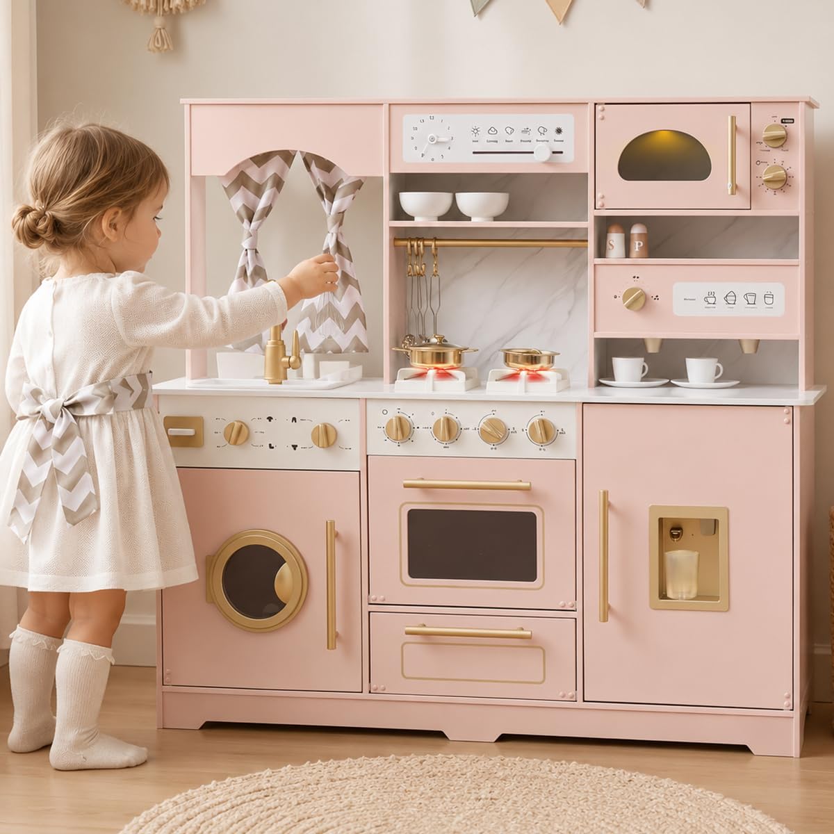 Cocina de juego de madera rosa con luz y sonido, fregadero de juguetes y dispensador de agua con agua real, juego de cocina grande para niñas con lavadora, regalos premium para niños de más de 3 años