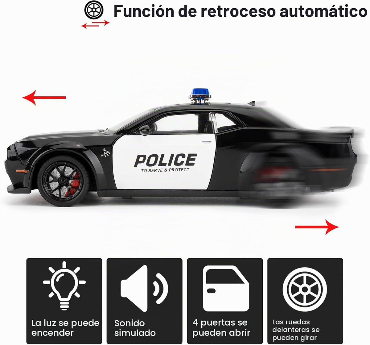 Modelo de coche de policía coleccionable 1:24 Challenger SRT Hellcat juguete, vehículo fundido a troquel con luces y sonidos, juguete de auto modelo de decoración para adultos y niños, regalos de cumpleaños