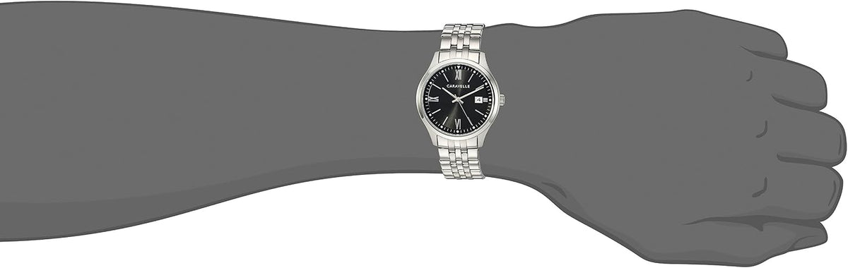 Reloj de vestir Caravelle by Bulova para hombre, de cuarzo, tono plateado, de acero inoxidable, esfera negra, Estilo: 43B158