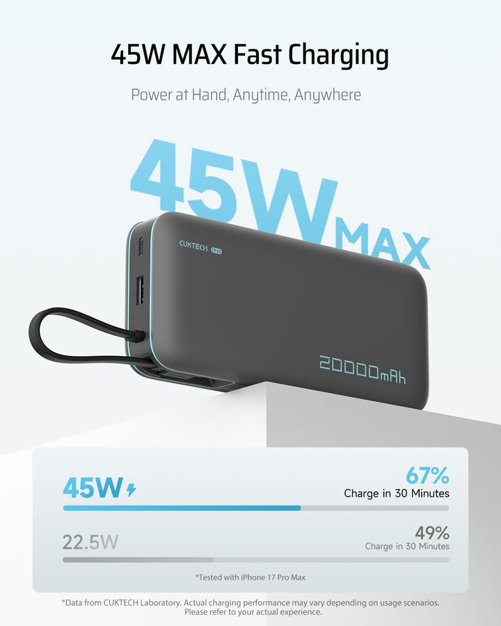 CUKTECH Banco de Energía 20000mAh de 45W, Cargador Portátil de Viaj...
