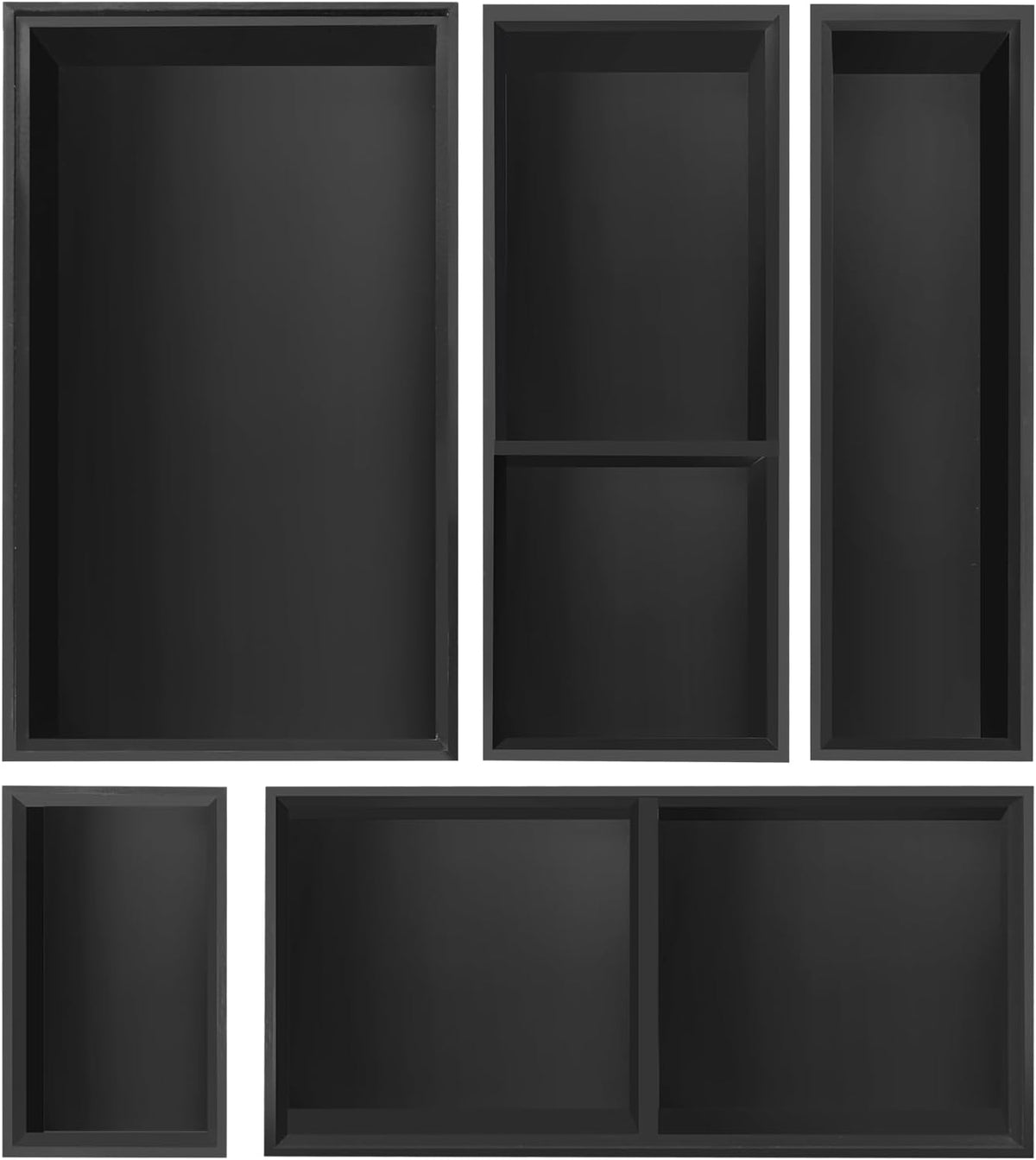 Organizador de cajones de bambú, 5 bandejas de cubiertos negros y organizadores de escritorio y almacenamiento, divisor de gabinete con organización de baño extraíble para cocina, utensilios, basura, oficina, maquillaje