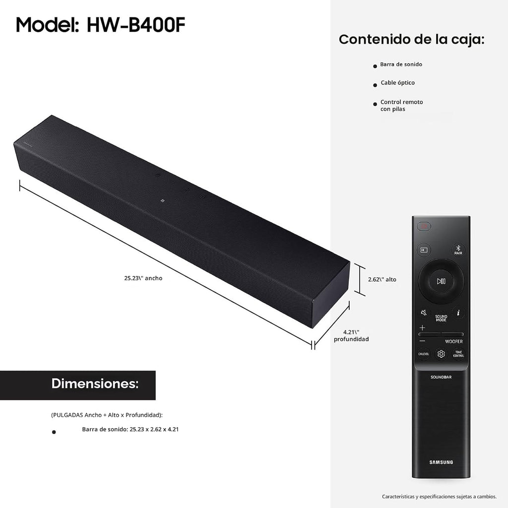 Barra de sonido Samsung Serie B HW B400F 2.0 canales con subwoofer incorporado (Modelo 2025) Un control remoto, expansión de sonido envolvente, modo de mejora de voz