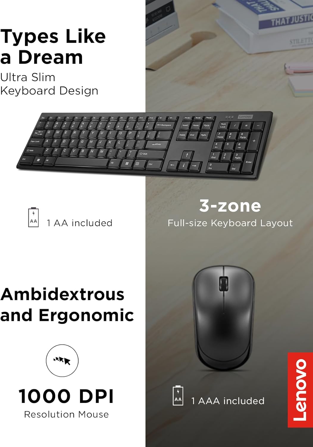 Lenovo Combo de teclado y mouse inalámbricos 100 - Juego inalámbric...