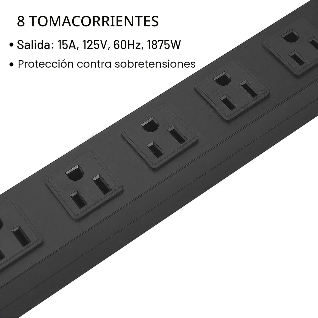 Cable de extensión largo de alta resistencia, 8 tomacorrientes, 14 AWG, negro, 6 pies, 1