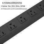 Cable de extensión largo de alta resistencia, 8 tomacorrientes, 14 AWG, negro, 6 pies, 1