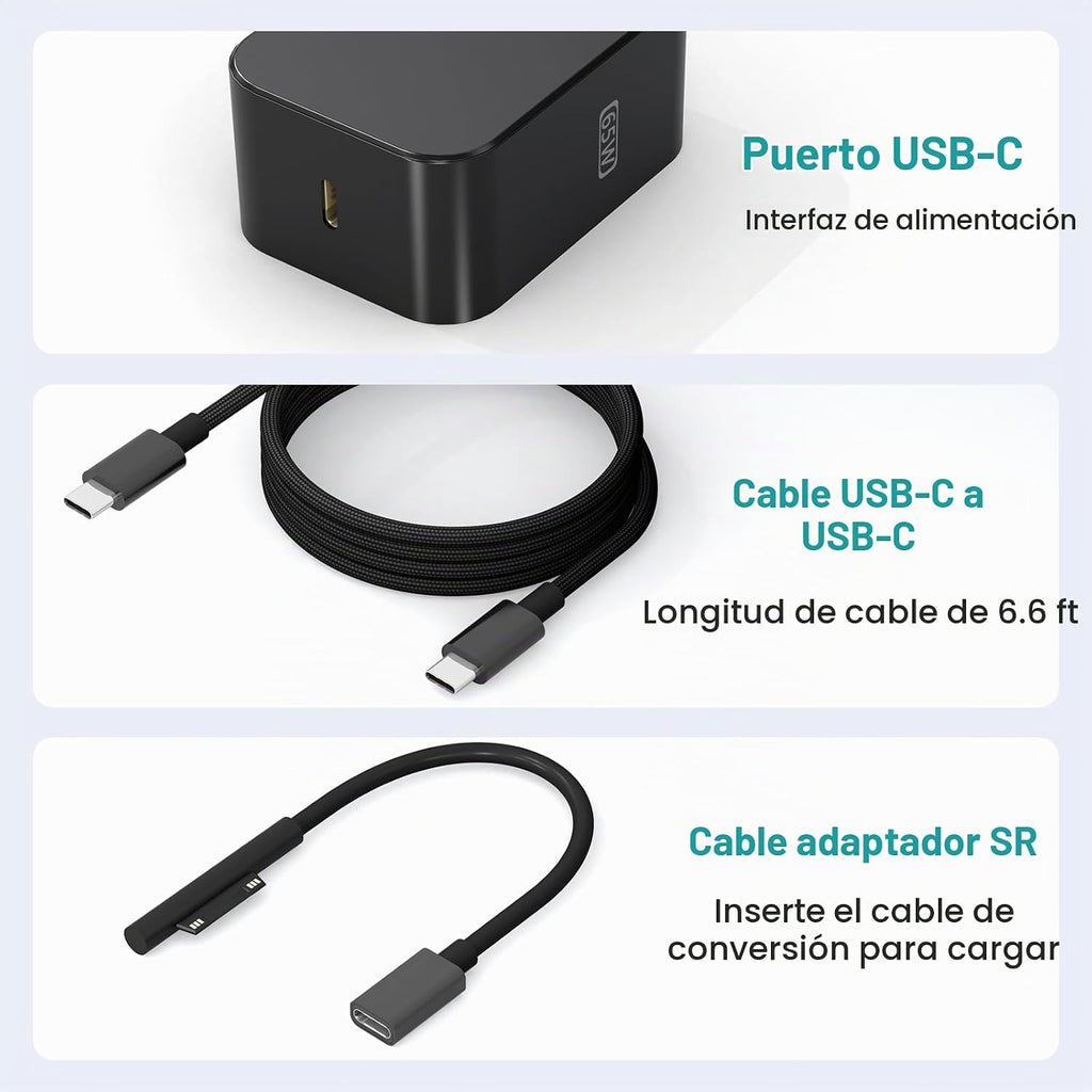Nuevo cargador de superficie de 65 W con enchufe de CA plegable, compatible con cargador Surface Pro 13 11, 12, 10, 9, 8, 7+, 7, 6, 5, 4, 3, X, Surface Book3, 2, 1, laptop y tableta, compatible con