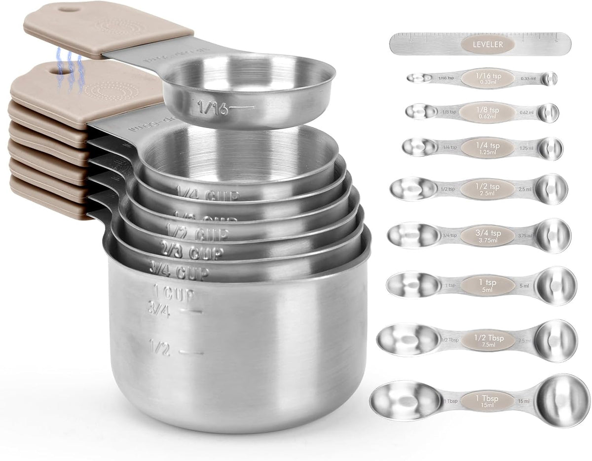 HOUJIP Juego de 16 tazas y cucharas medidoras magnéticas con nivelador 2 en