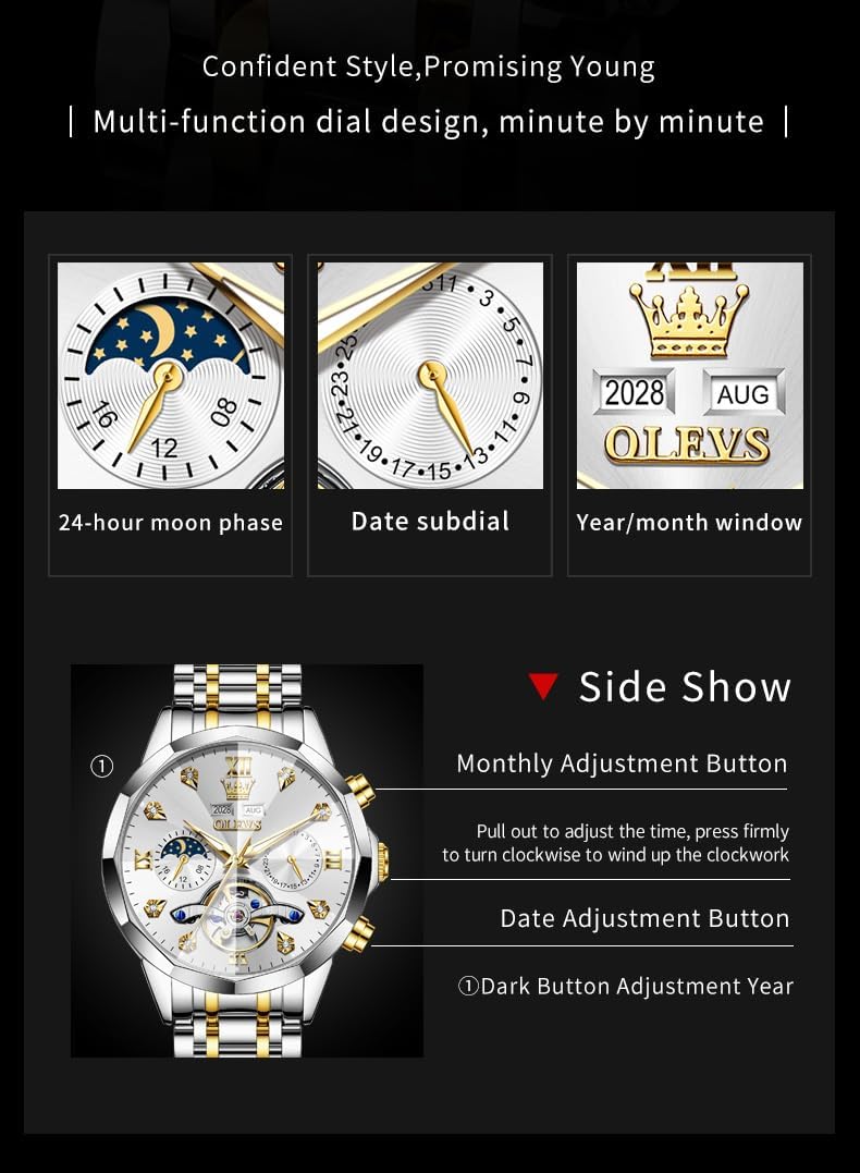 Reloj OLEVS Skeleton para Hombre Automático de Negocios Lujo con Diamante, Reloj Automático de Carga, Reloj de Pulsera con Calendario de Acero Inoxidable