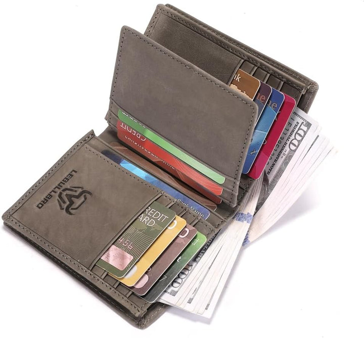 LEBULLBRO Cartera de cuero genuino plegable con bloqueo RFID de gra...