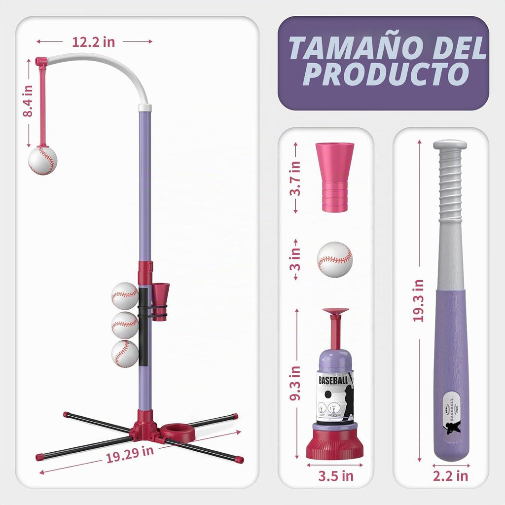 Juego de Pelota T 3 en 1 - Altura Ajustable, Juego de Pelota T Colgante con Máquina de Lanzamiento Automático/6 Pelotas/Bate Retráctil, Soporte de Pelota T Adecuado para Exteriores