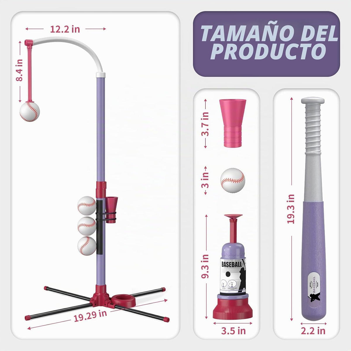 Juego de Pelota T 3 en 1 - Altura Ajustable, Juego de Pelota T Colgante con Máquina de Lanzamiento Automático/6 Pelotas/Bate Retráctil, Soporte de Pelota T Adecuado para Exteriores