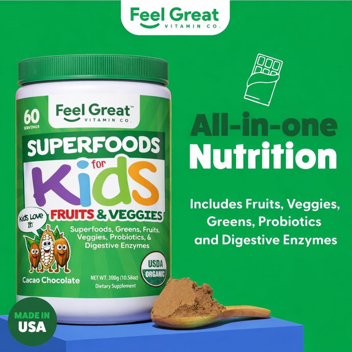 Feel Great USDA Organic Super Greens para niños | Polvo de verduras...
