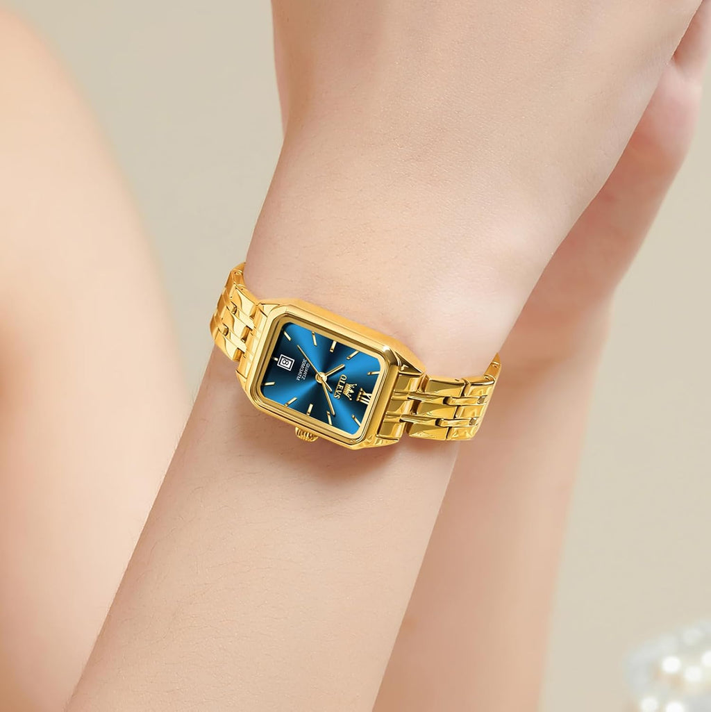 OLEVS Reloj de mujer de oro de acero inoxidable, reloj de cara cuadrada pequeña con decoración de diamantes, reloj de vestir de cuarzo analógico de lujo para mujer, reloj de pulsera impermeable con