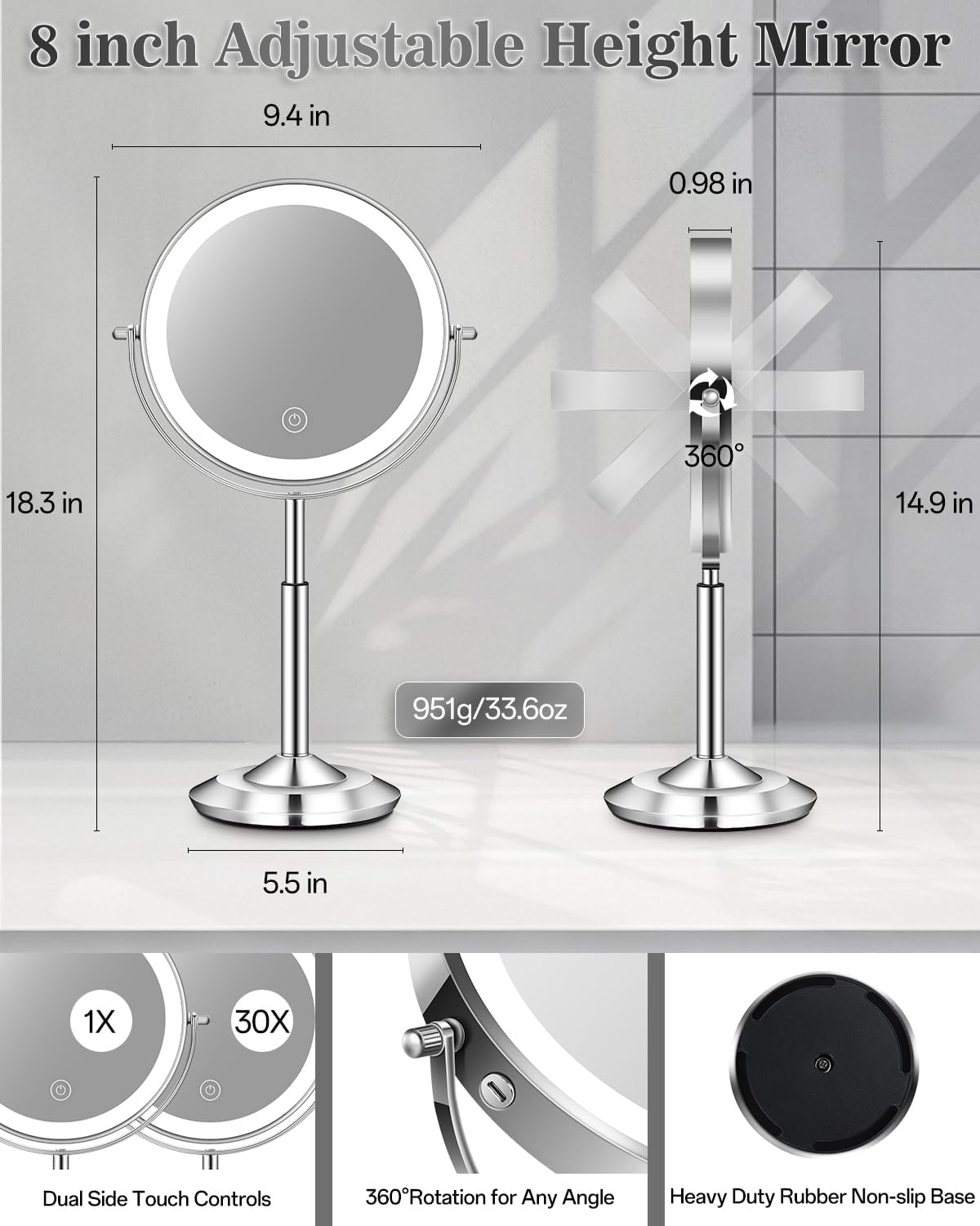 Espejo de maquillaje con aumento de 1X/30X 8" con luces de altura ajustable