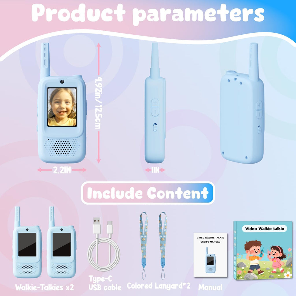 Walkie Talkie - Juguetes de video para niños de 3 a 12 años, paquete de 2 walkie talkies recargables con pantalla, regalos de cumpleaños de Navidad para niños, campamento en interiores y exteriores