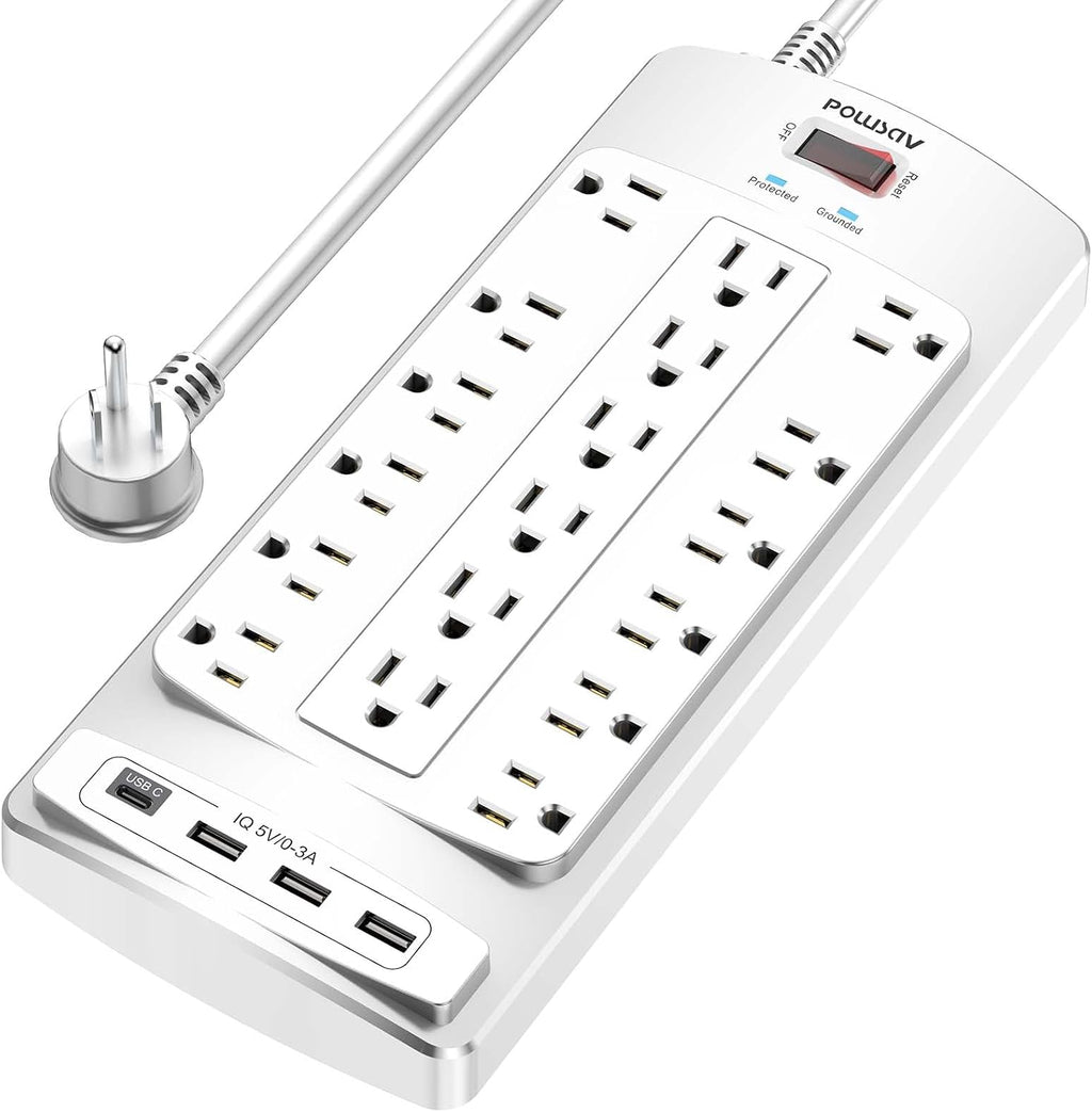 Regleta protectora de sobretensiones de 18 tomacorrientes – Cable de extensión de enchufe plano de 6 pies resistente con 18 tomas amplias y 4 puertos USB, 2100 julios, blanco, certificación ETL