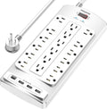 Regleta protectora de sobretensiones de 18 tomacorrientes – Cable de extensión de enchufe plano de 6 pies resistente con 18 tomas amplias y 4 puertos USB, 2100 julios, blanco, certificación ETL