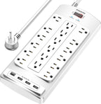 Regleta protectora de sobretensiones de 18 tomacorrientes – Cable de extensión de enchufe plano de 6 pies resistente con 18 tomas amplias y 4 puertos USB, 2100 julios, blanco, certificación ETL