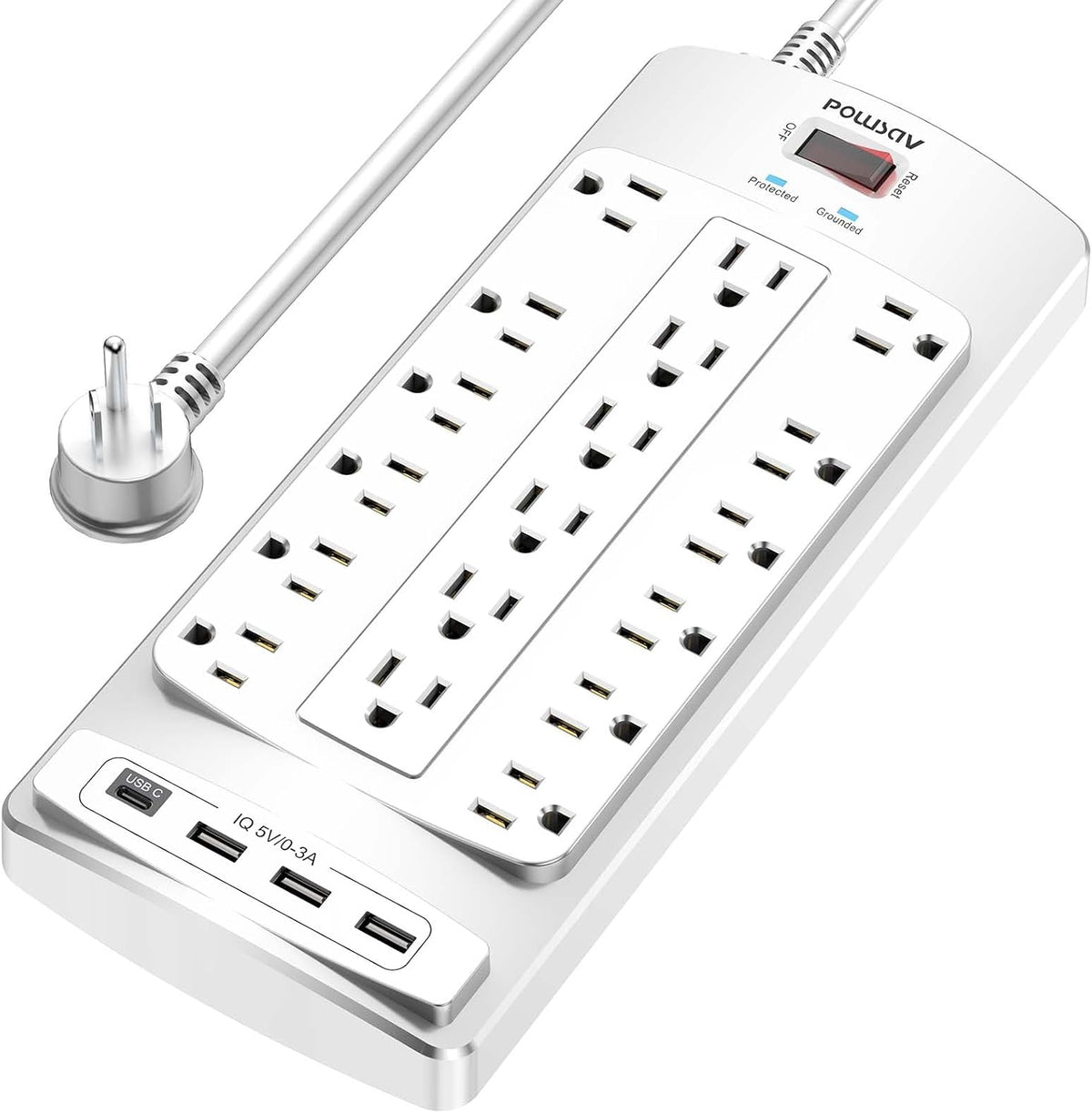 Regleta protectora de sobretensiones de 18 tomacorrientes – Cable de extensión de enchufe plano de 6 pies resistente con 18 tomas amplias y 4 puertos USB, 2100 julios, blanco, certificación ETL