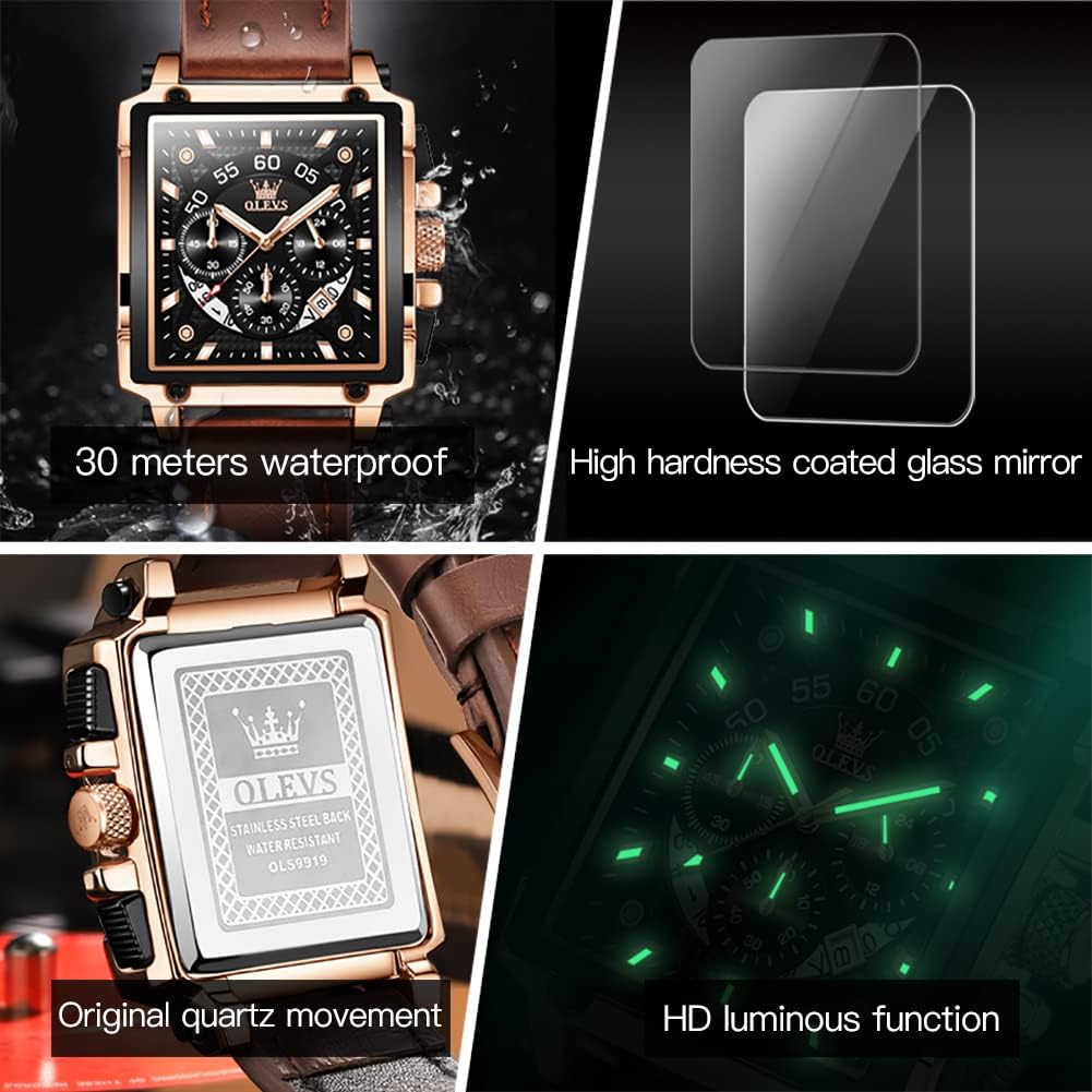 OLEVS Relojes para Hombre Cuadrados de Cuarzo Piel Impresión Fresca Resistente al Agua Moda Casual