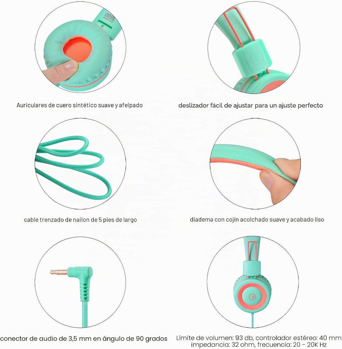 Auriculares para niños noot products K11, plegables, estéreo, sin enredos, cable de 1,5 m de largo, conector de 3,5 mm, cascos supraaurales con cable para iPad/Amazon Kindle, Fire/niños/niñas/escuela