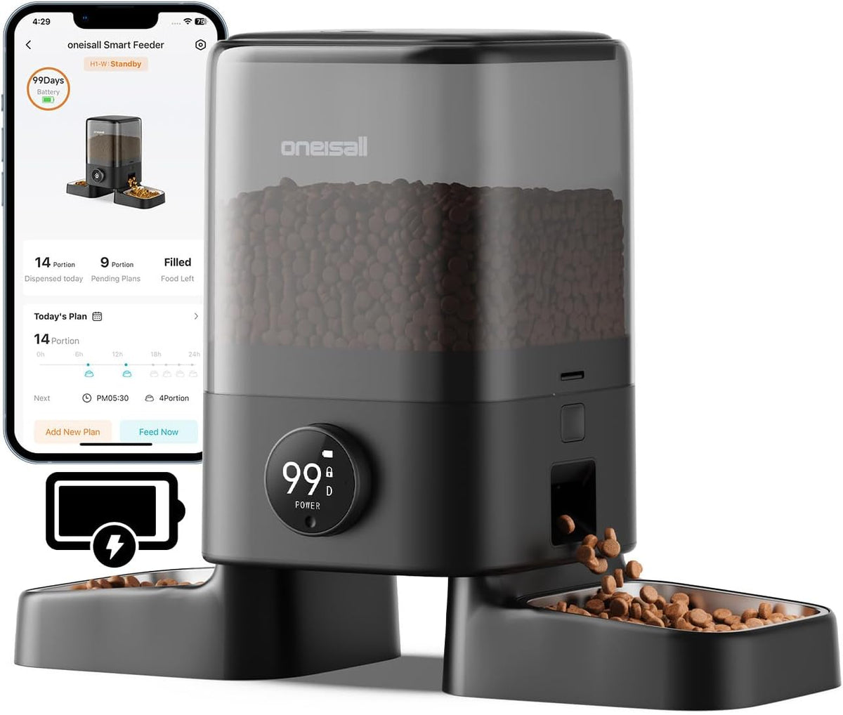 oneisall Comedero automático inalámbrico para gatos 2.4G, recargable