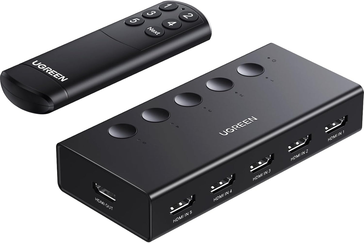 UGREEN Switch HDMI 5 en 1 Salida, 4K@60Hz, con Control Remoto, HDR, VRR, 3D, Negro