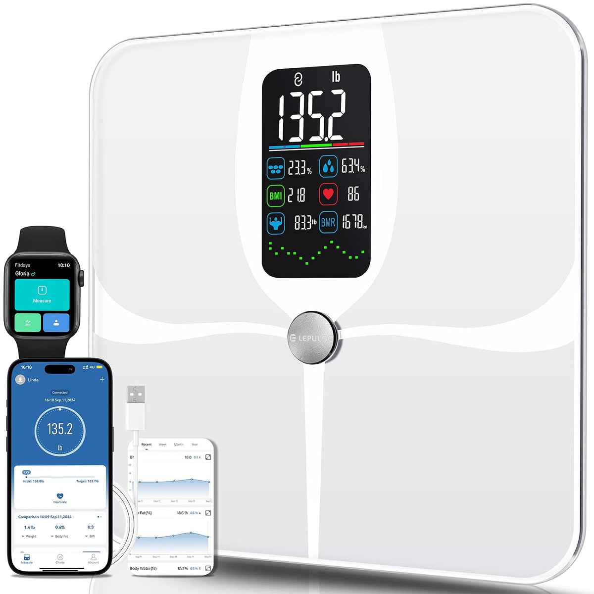 Lepulse Báscula inteligente para peso corporal con masa muscular de grasa