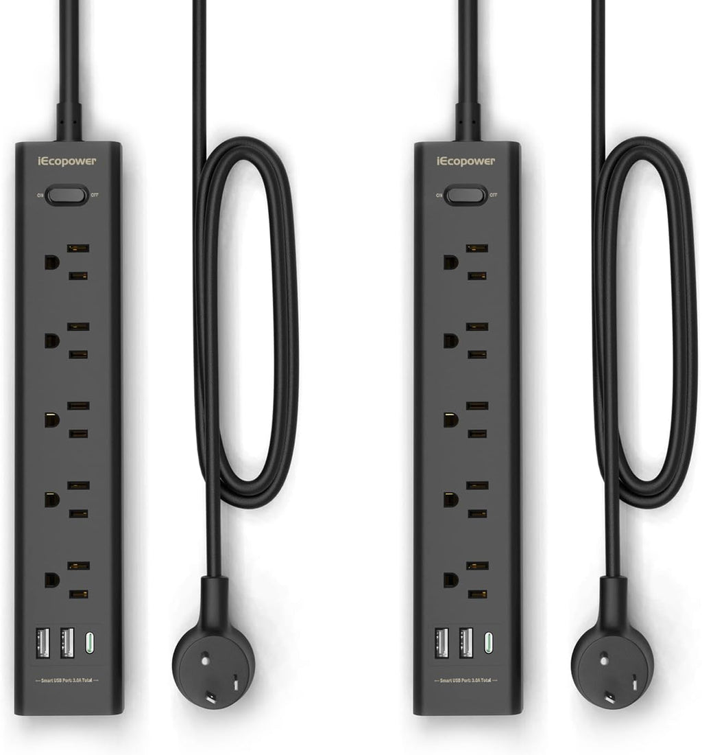 Paquete de 2 Regletas de Enchufes con Protección contra Sobretensiones - 5 Enchufes Ampliamente Espaciados, 3 Puertos USB (1 Puerto USB C), 1250W/10A con Cable de Extensión de 5 Pies, Regletas de