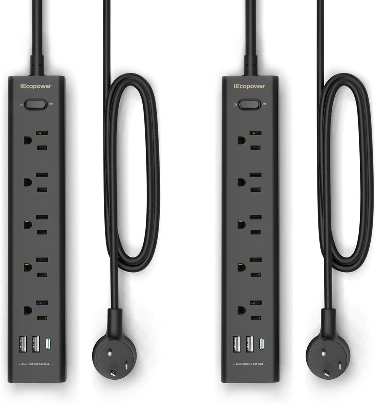 Paquete de 2 Regletas de Enchufes con Protección contra Sobretensiones - 5 Enchufes Ampliamente Espaciados, 3 Puertos USB (1 Puerto USB C), 1250W/10A con Cable de Extensión de 5 Pies, Regletas de