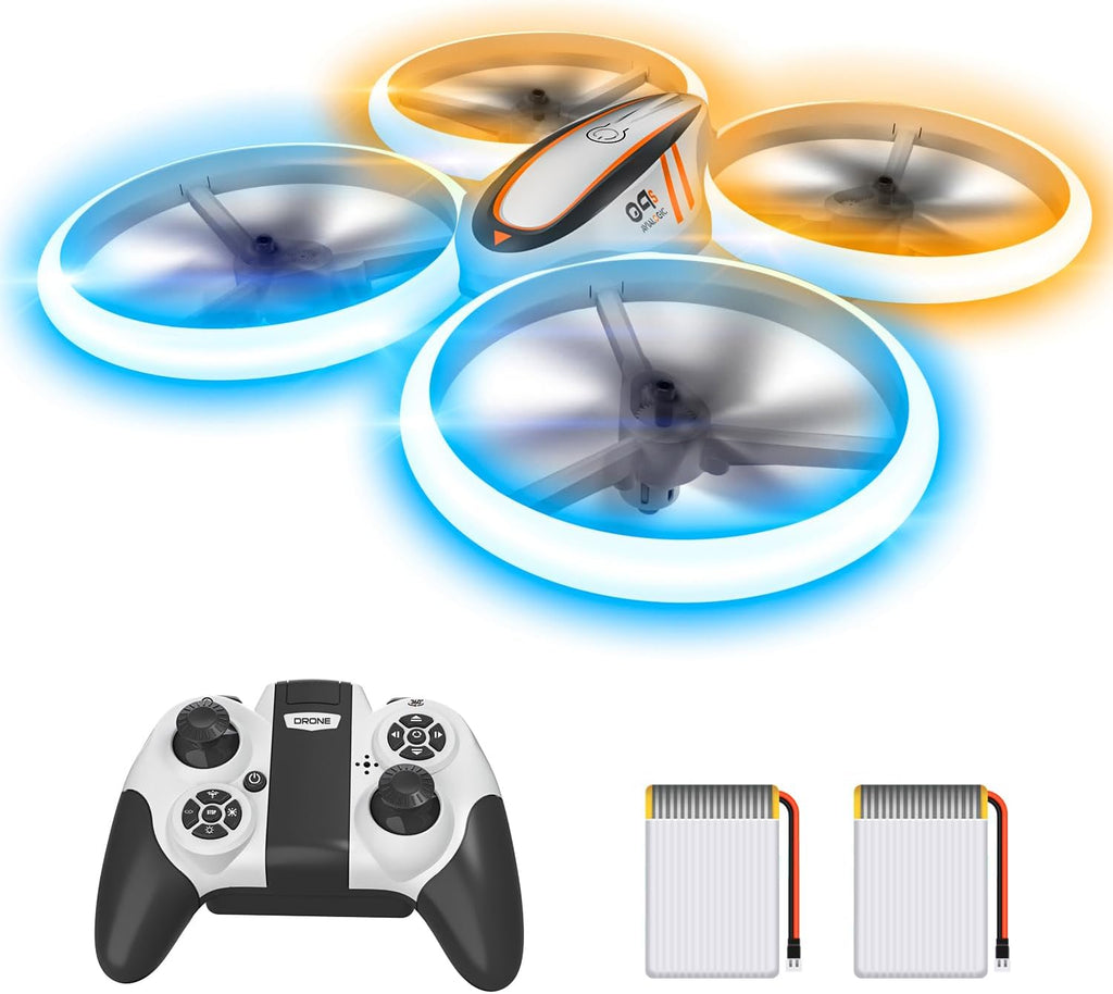 Q9s Drones para niños, dron RC genial con retención de altitud y modo sin cabeza, cuadricóptero de pasatiempos con luz azul y naranja, 2 baterías y control remoto, regalos de cumpleaños y Navidad
