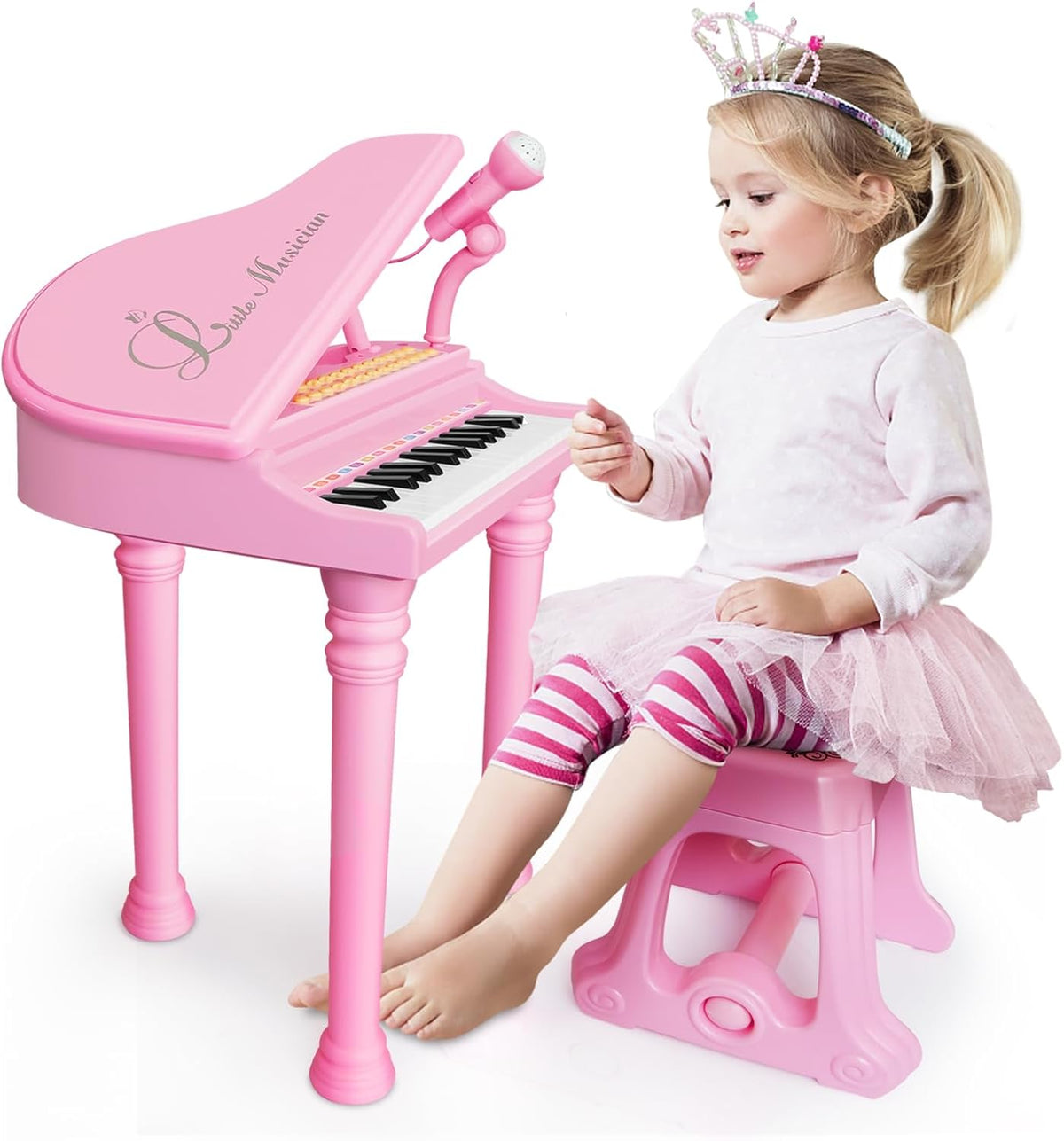 Love & Mini - Piano/teclado de juguete color rosa; instrumento musical con micrófono para niños como regalo de cumpleaños